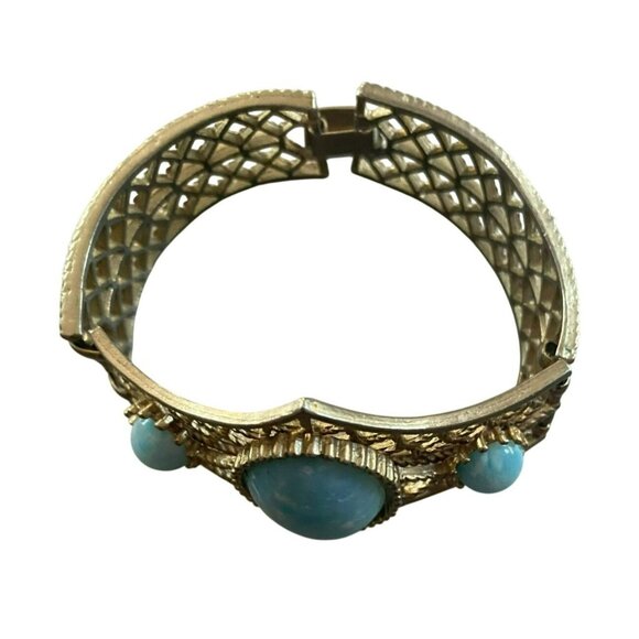 Unique Vintage Gold-Tone Filigree Cuff Bracelet With Turquoise Blue Cabochon Sto - Picture 2 of 7